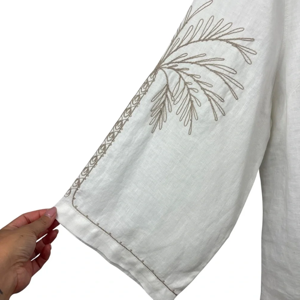 Tommy Bahama Linen Breezy Palms Embroidered Split V-Neck Tassel Tunic Sz M - Picture 9 of 13